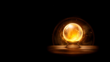 A golden crystal ball stands on a wooden surface and illuminates the space with yellow light on a black background, copy space. High quality illustration