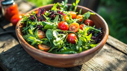   Bowl of salad on wooden table with lettuce and tomato jar nearby