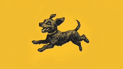 Minimalist doodle of a happy dog running, drawn in black on a neon yellow background, exuding playful, joyful vibes