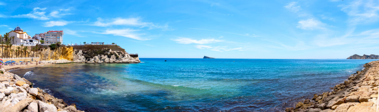 Panorama of the Playa del mal pas in Benidorm on the Costa Blanca coast of the Mediterranean, Spain.