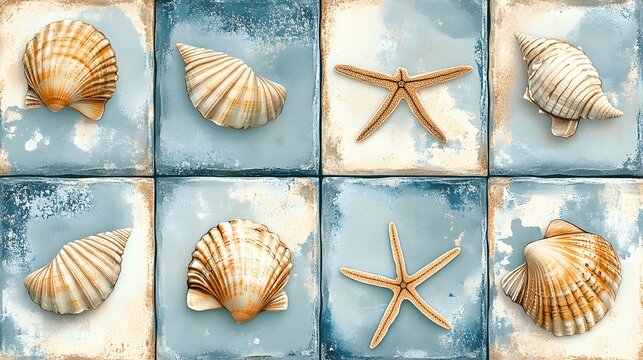 29. Coastal-themed tile design with seashell and starfish patterns in sandy beige and ocean blue