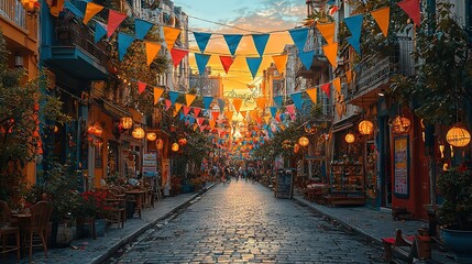 Fototapeta premium Cobblestone path between buildings, adorned with vibrant flags
