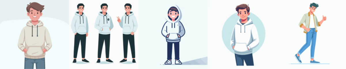 vector set of young men wearing hoodies