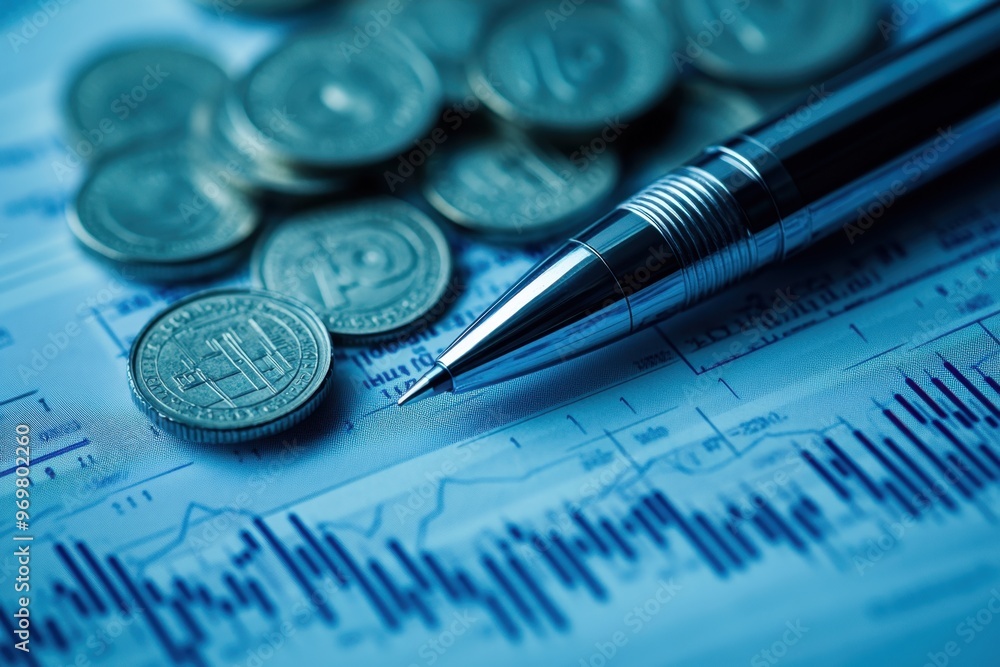 Aufkleber a pen is writing on a financial chart, with coins stacked next to it and stock charts in blue tones 