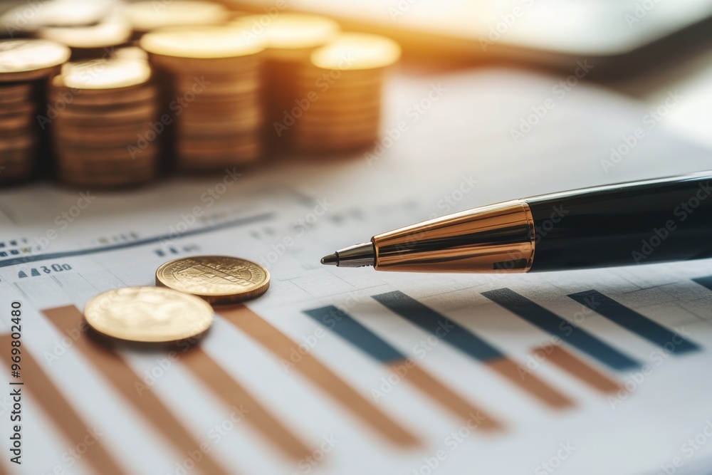 Poster a pen writing on a financial chart with coins and graphs in the background, symbolizing money manage