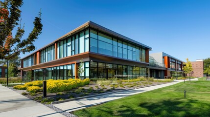 Obraz premium Modern LEED-Certified Building with Sustainable Landscaping and Geothermal Heating for Eco-Friendly Living