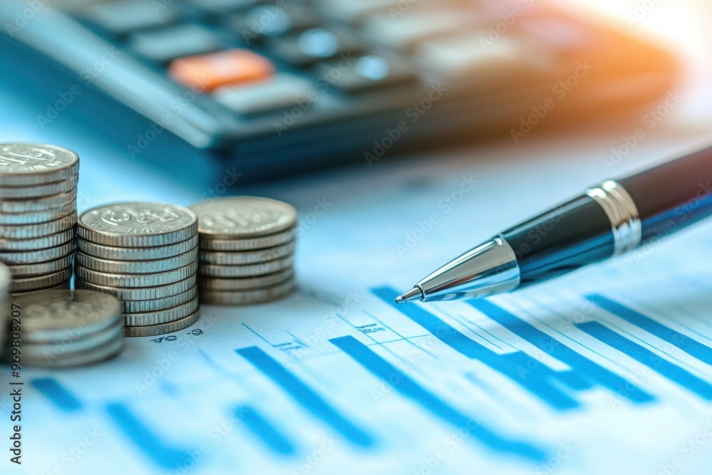 Poster a pen is writing on a financial chart, with coins stacked next to it and graphs in blue tones the ba