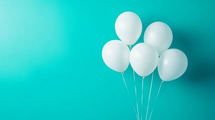 Simple white balloons floating against a bright turquoise background, symbolizing cheerfulness and minimalism with soft, clean shadows