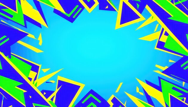 A vibrant graphic design featuring angular shapes in blue, green, and yellow.