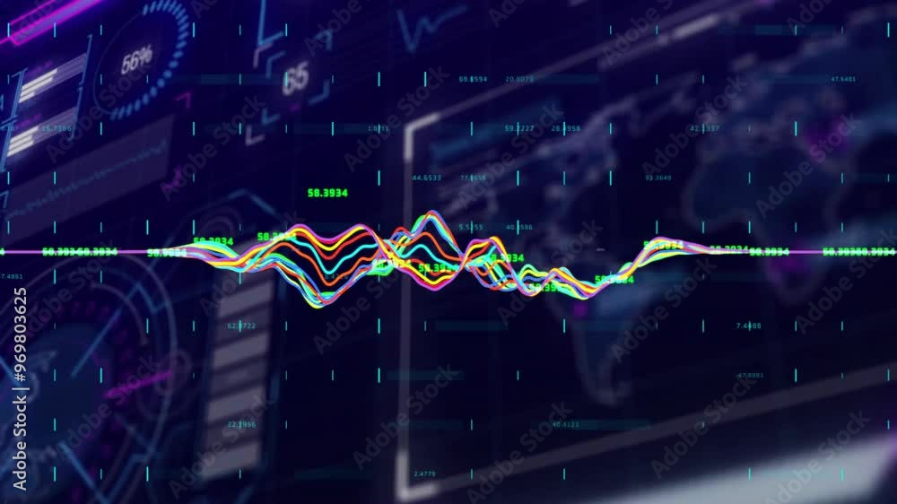 Poster colorful financial graphs and data processing animation over world map background