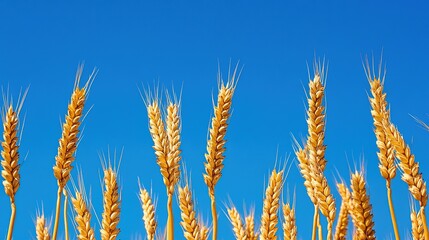 Golden wheat spikes against blue sky.