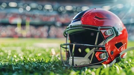 American football helmet on the stadium field. Background with selective focus and copy space