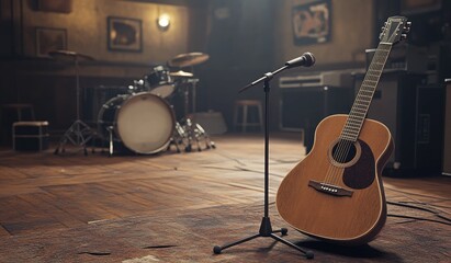 Fototapeta premium Acoustic Guitar and Microphone on Stage.