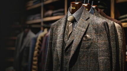 Fototapeta premium Elegant display of brown and gray plaid suits with shirts and ties in a tailor shop