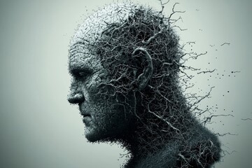 Artificial intelligence cognitive neuroscience electrocorticography cranial nerve and visual cortex side profile of a man with crumbling neural particles symbolizing thought breakdown