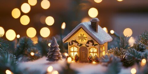 Festive miniature Christmas village scene with a snow-covered house, tiny trees, and glowing lights. A cozy and magical holiday setting, surrounded by bokeh lights