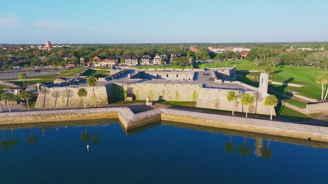 Aerial reveal of Castillo de San Marcos and St. Augustine, Florida