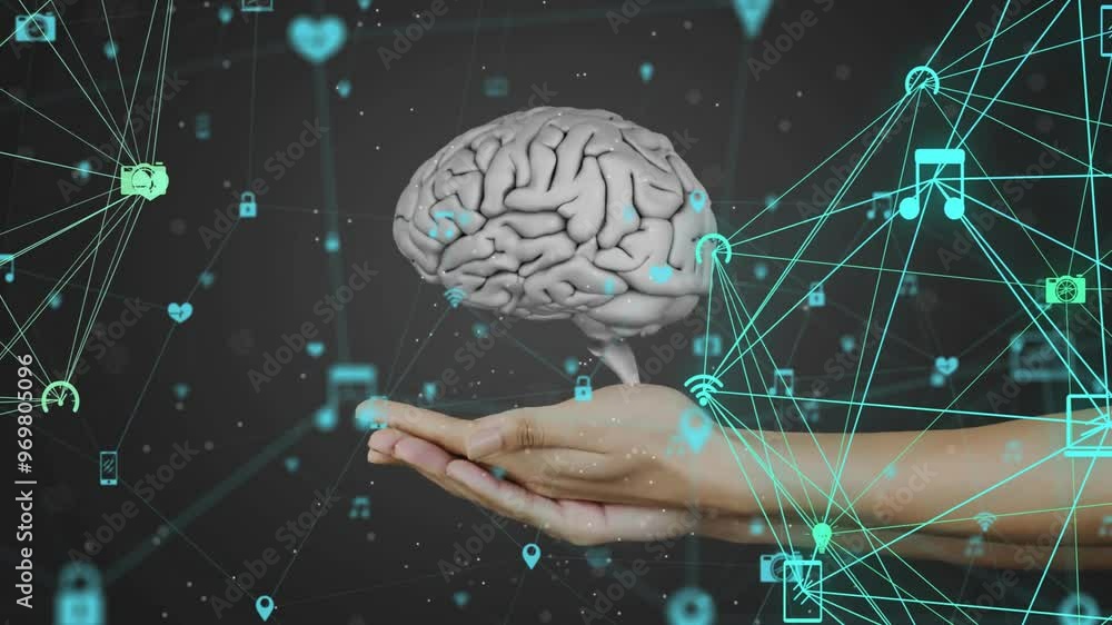 Poster holding brain model, hand with network connections and data processing animation
