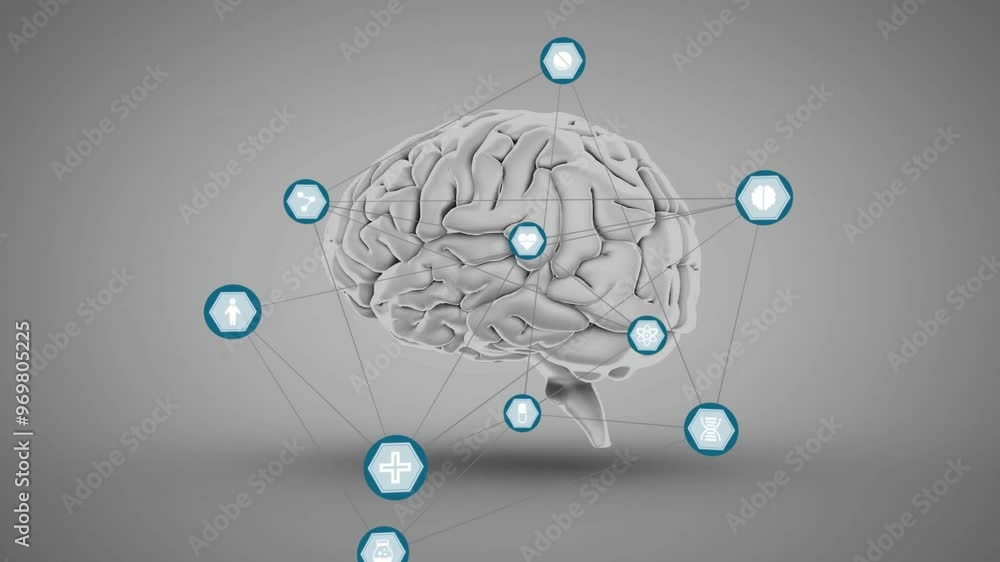 Poster animation of network of connections with icons over digital brain on grey background
