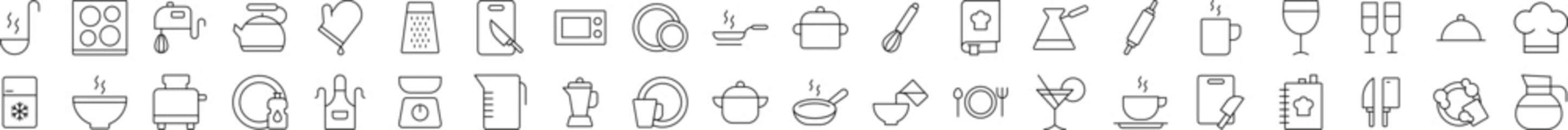 Line Icon Set of Kitchen and Cooking. Contains Icons of Cutting Board, Frying Pan, Cutlery, Cookbook that Can Be Used for Design of Cards, Posts, Apps, Web Sites