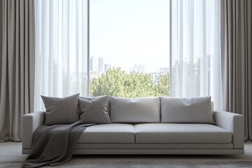 Modern Light Gray Sofa With Decorative Pillows and a Bright Urban View Through Large Windows