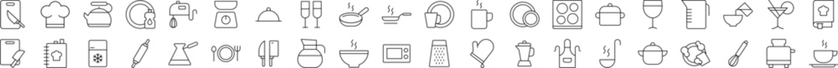 Kitchen and Cooking Outline Simple Icons Bundle. Contains Icons of Cutting Board, Frying Pan, Cutlery, Cookbook that Can Be Used for Design of Cards, Posts, Apps, Web Sites