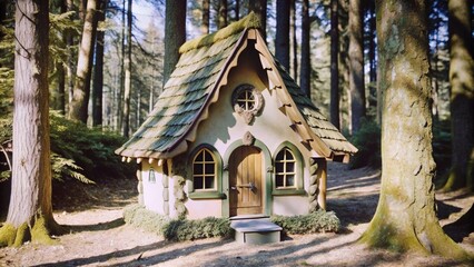 Fabulous little house in the woods with sunny background and big trees, fantasy style, whimsical, enchanted, witchy, cartoonish