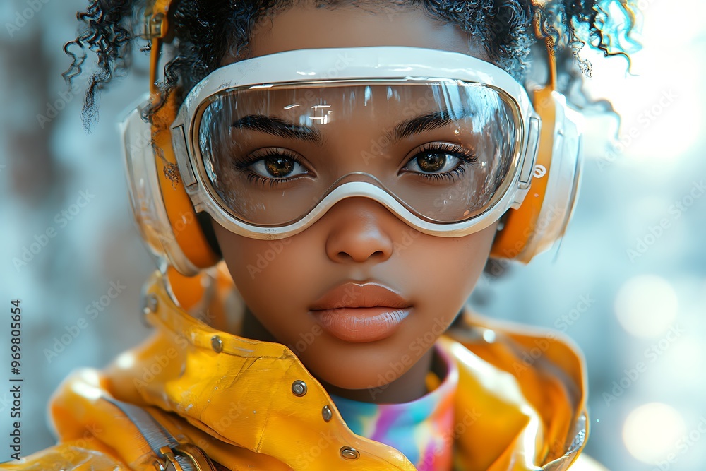 Wall mural a young woman wearing goggles and headphones, looking directly at the camera.