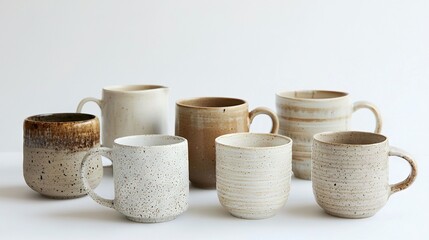   A set of coffee mugs aligned on a white table against a white backdrop