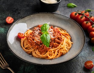 Spaghetti with bolognese sauce and Parmesan cheese. Generated image