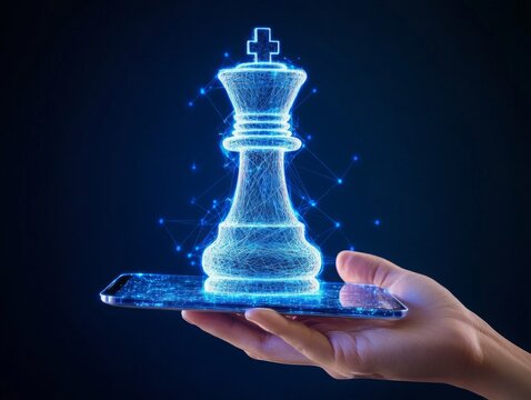 blue strategy chess piece icon emerging from a digital tablet, Strategic Planning in Digital Business, Digital Strategic Thinking, Innovative Strategy Solutions, Smart Technology for Game Planning.
