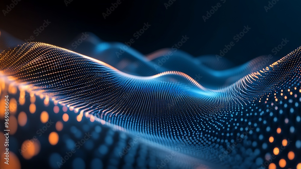 Wall mural a dark blue and orange abstract background with a grid pattern of dots.