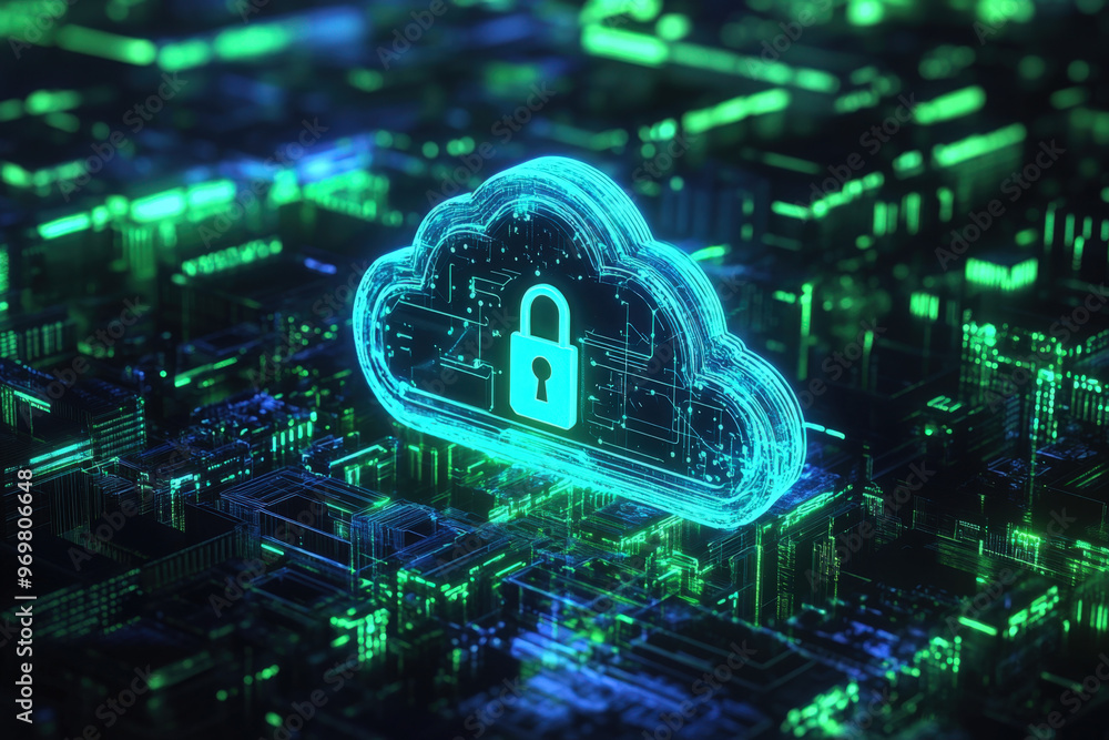 Poster glowing cloud with a padlock is floating over a circuit board, representing the concept of cloud com