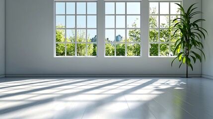 A minimalist room bathed in sunlight through large windows, serene and spacious.