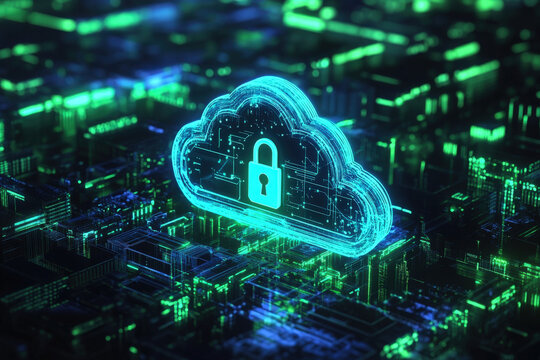 Glowing cloud with a padlock is floating over a circuit board, representing the concept of cloud computing security