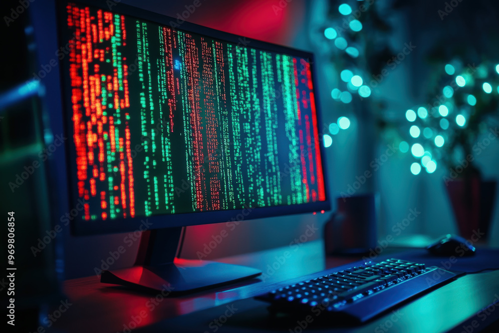 Poster computer monitor displaying red and green lines of code suggesting a potential cybersecurity threat