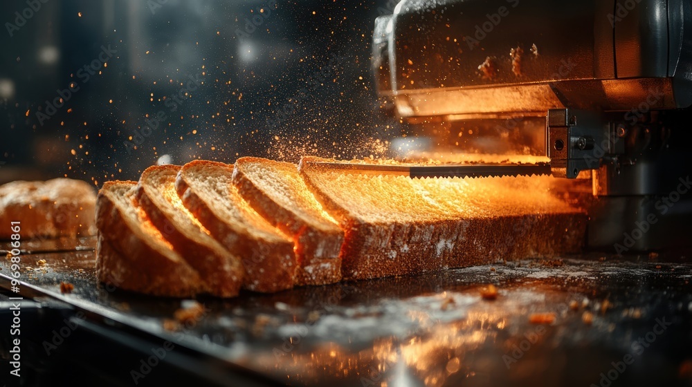 Poster automated bakery production concept with bread slicing machine in action, showcasing modern technolo