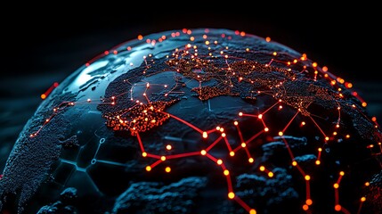 Fototapeta premium A global network connects red lines across a dark earth, linking the world together.