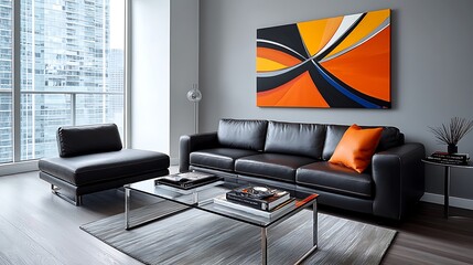 A sleek living room design pairs a black leather sofa with a glass coffee table and abstract art.