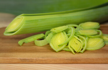 Fresh leek slice on blurred background