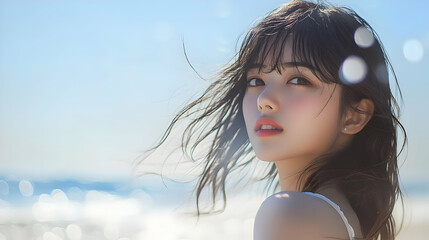 A young Japanese woman with a light summer dress, standing on a sandy beach. The background features a soft blur of ocean waves and the sky, highlighting her carefree and joyful expression.