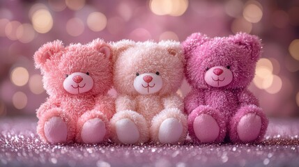 Fototapeta premium Three Pink Plush Teddy Bears on Glitter Background