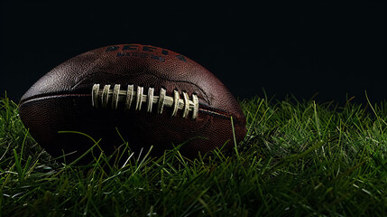 Obraz premium American football on green grass, on black background