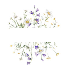 Watercolor frame of yellow buttercup and white little flower and violet bluebell. Watercolor hand painting illustration on isolate. Bouquet meadow flowers for invitation. Botanical summer wildflower.