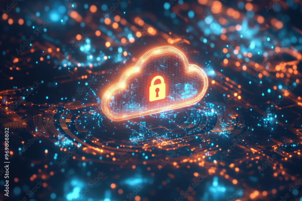 Poster glowing cloud with a padlock is floating over a motherboard, symbolizing cloud computing security
