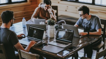 Collaboration of it specialists at a hackathon with laptops and diagrams on whiteboards