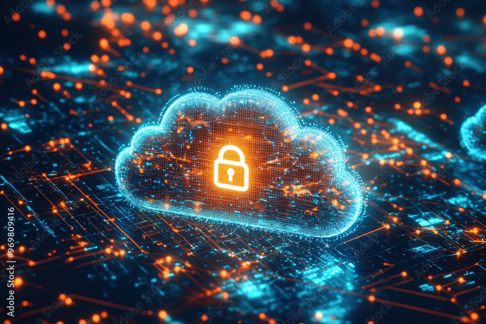 Poster glowing cloud formed by a network of nodes is being secured by a padlock symbol, representing cloud 
