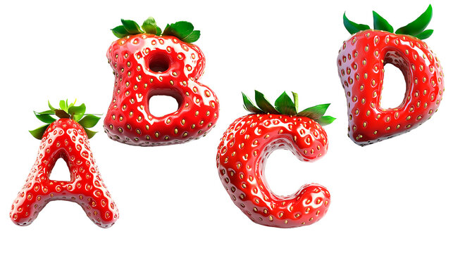  3D letter ' EFGH ' designed as a strawberry. The letter should be shaped in a realistic, glossy style with detailed strawberry textures, including seeds and a vibran