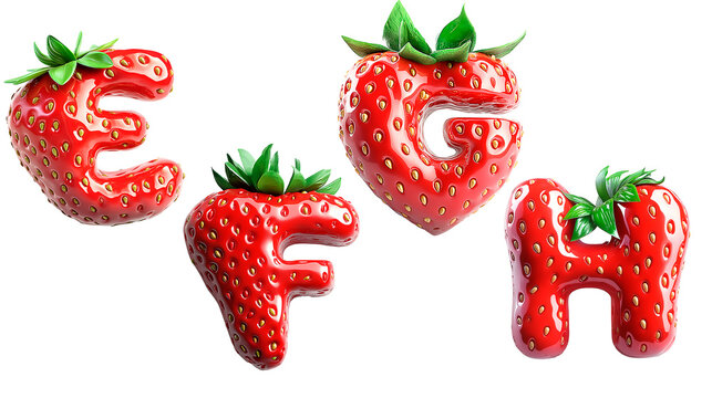  3D letter ' EFGH ' designed as a strawberry. The letter should be shaped in a realistic, glossy style with detailed strawberry textures, including seeds and a vibran