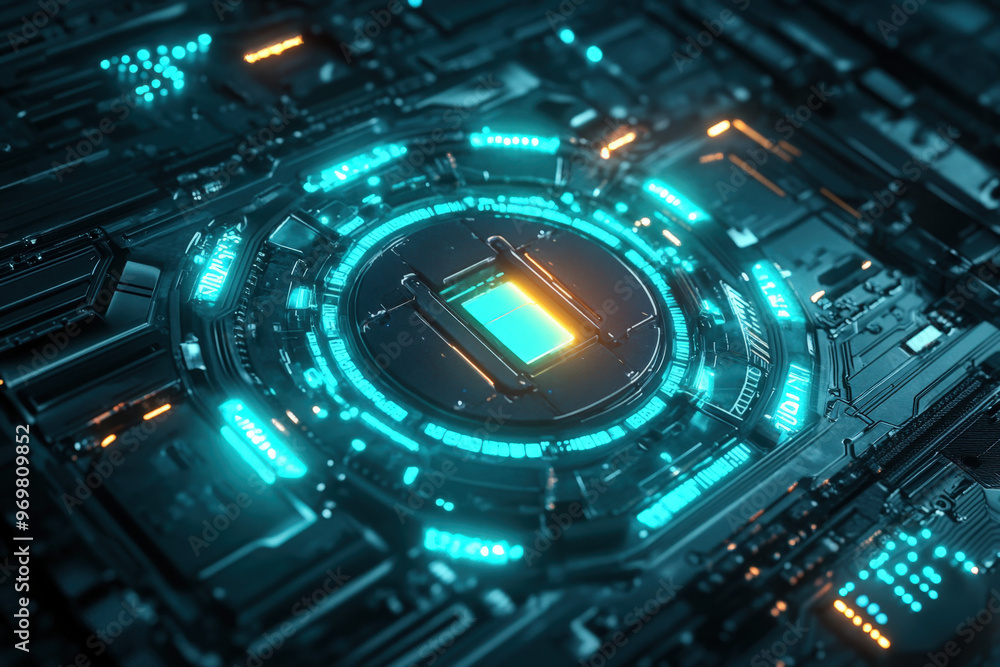 Poster futuristic quantum processor is glowing and calculating with artificial intelligence
